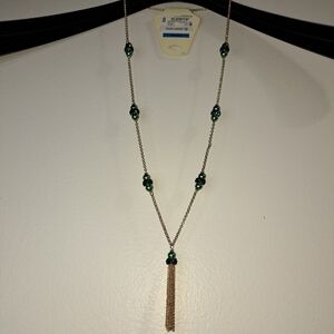 Monet Green Beaded Gold Tone Tassle Necklace